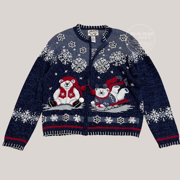 Heirloom Collectibles L Polar Bear Zip Sweater | Embroidered Snowflakes Holiday - Picture 2 of 10